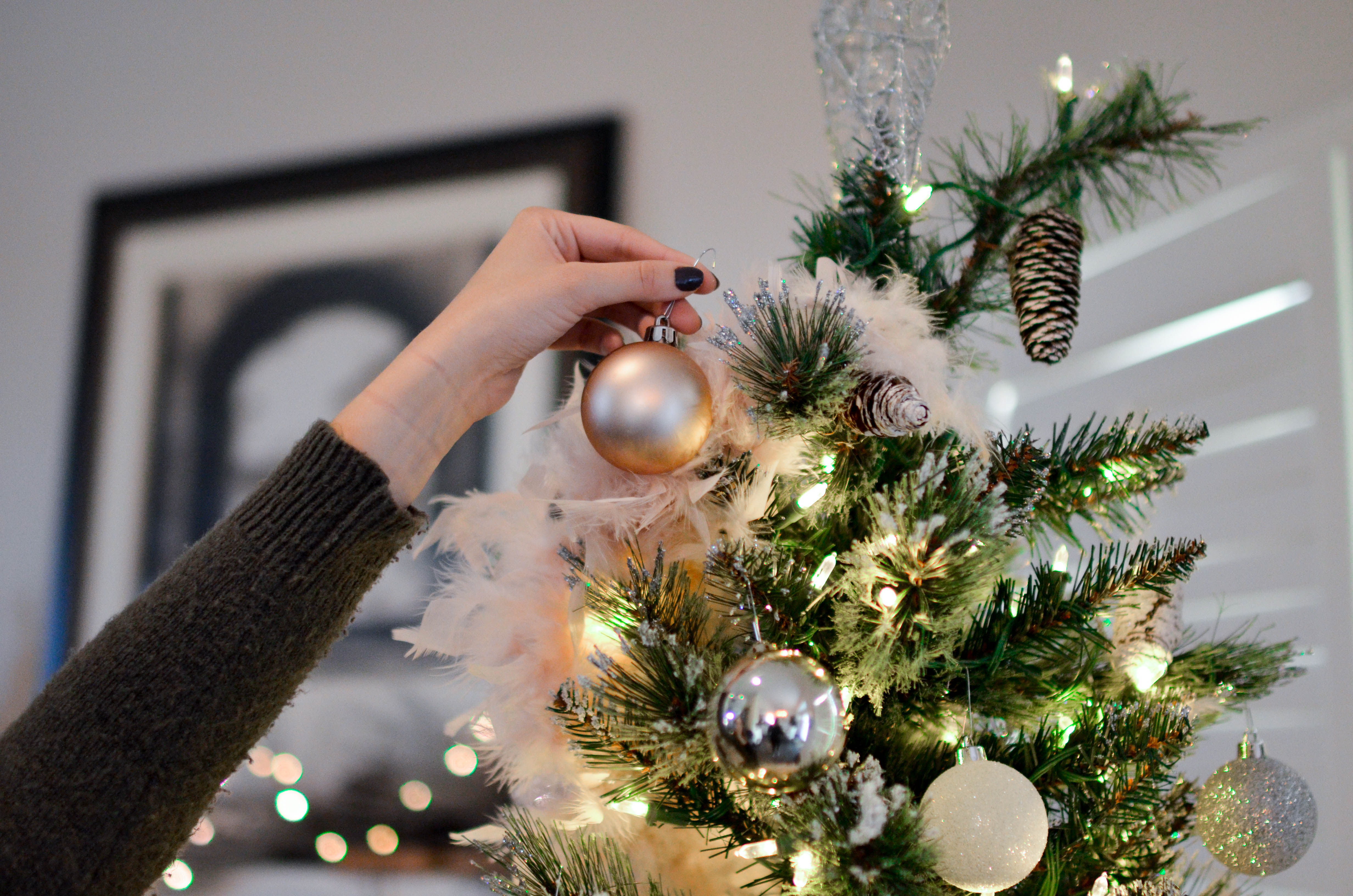 https://www.pexels.com/photo/person-holding-beige-bauble-near-christmas-tree-712318/